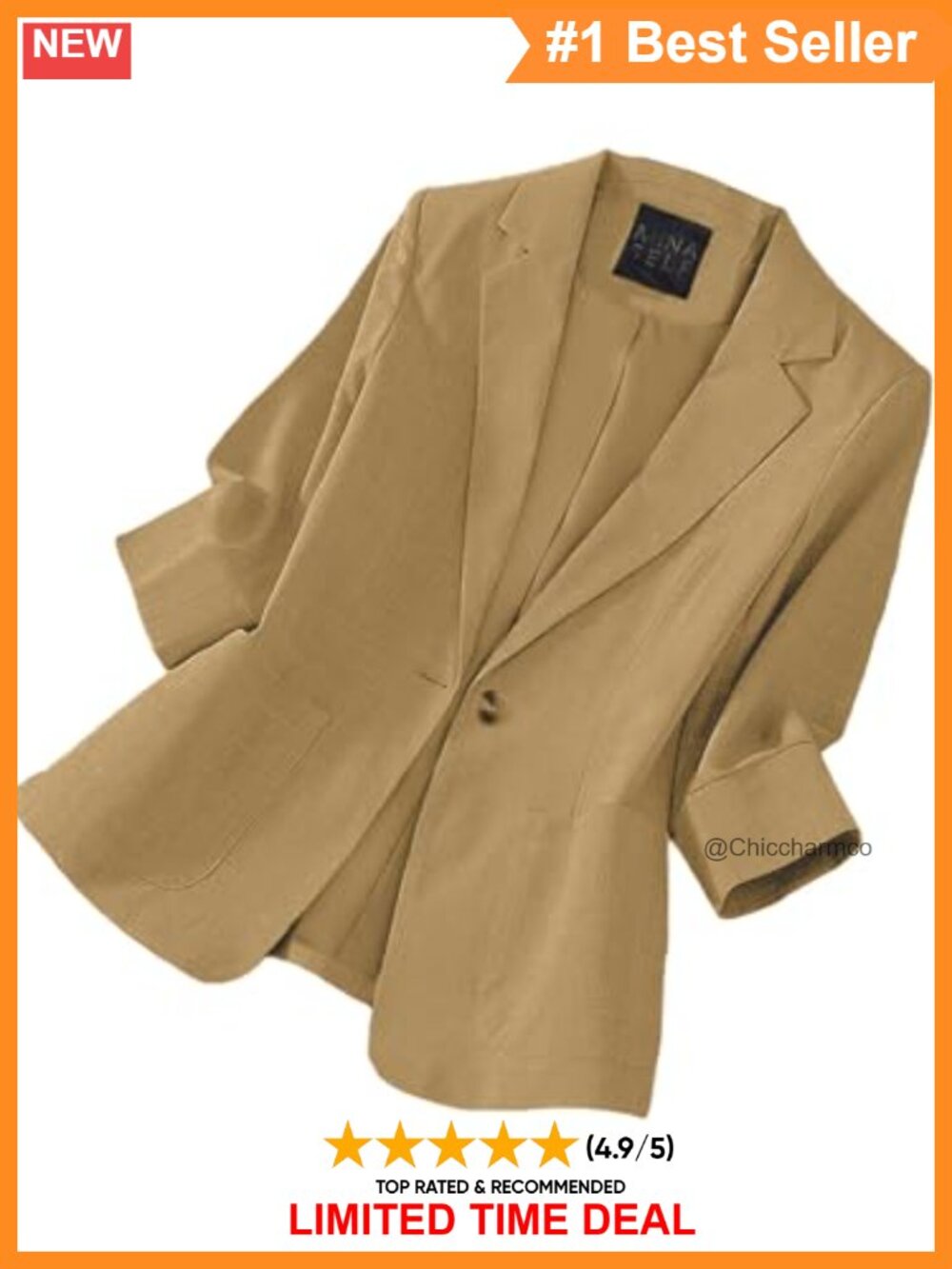 Linen Blend Blazer 3/4 Sleeve Lightweight Lined Button Work Jacket